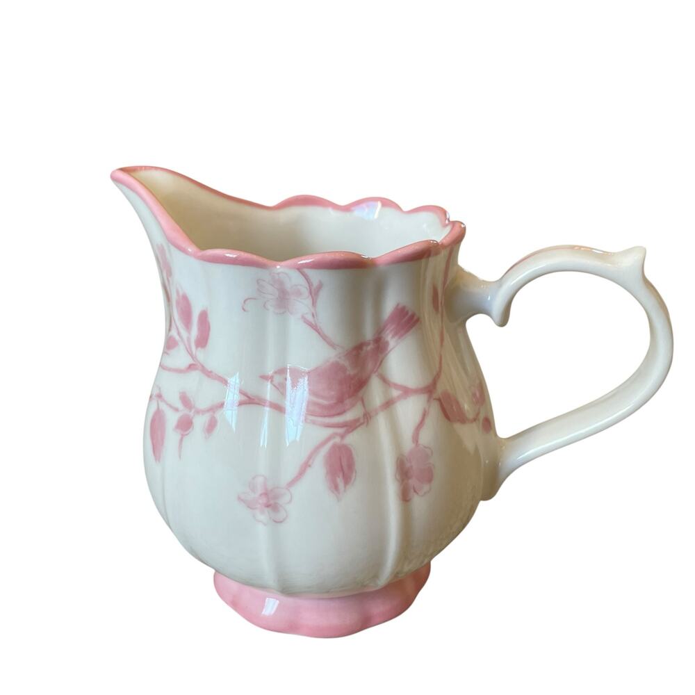 Grace Teaware Fine Porcelain Creamer Pink & White Floral Bird New